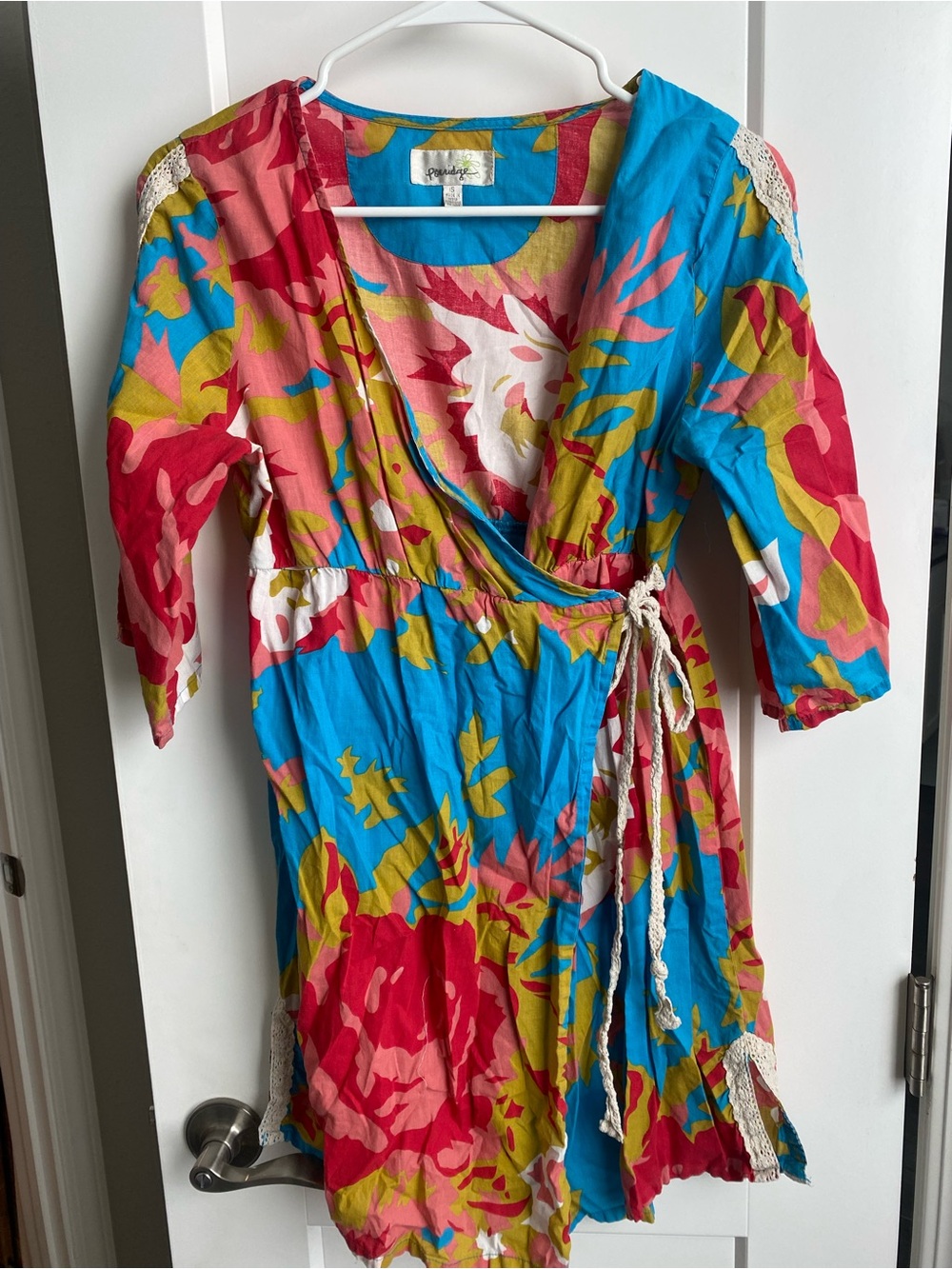 Porridge Anthropologie Bright Tropical Print Dress with Crochet Accent